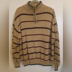 VTG Thomas London Men's Tan and Striped Quarter Zip Sweater 100% Cotton Sz XXL